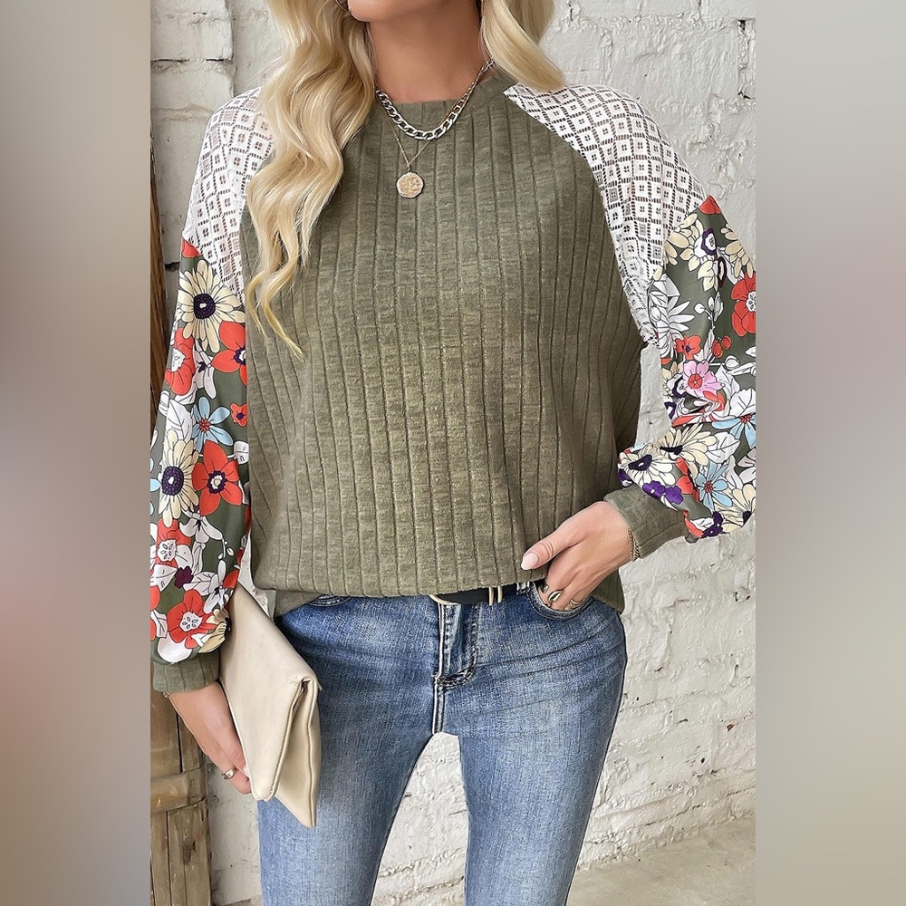 Laurel Green Floral Patchwork Long
Sleeve Ribbed Blouse Bohemian Top - Picture 4 of 5